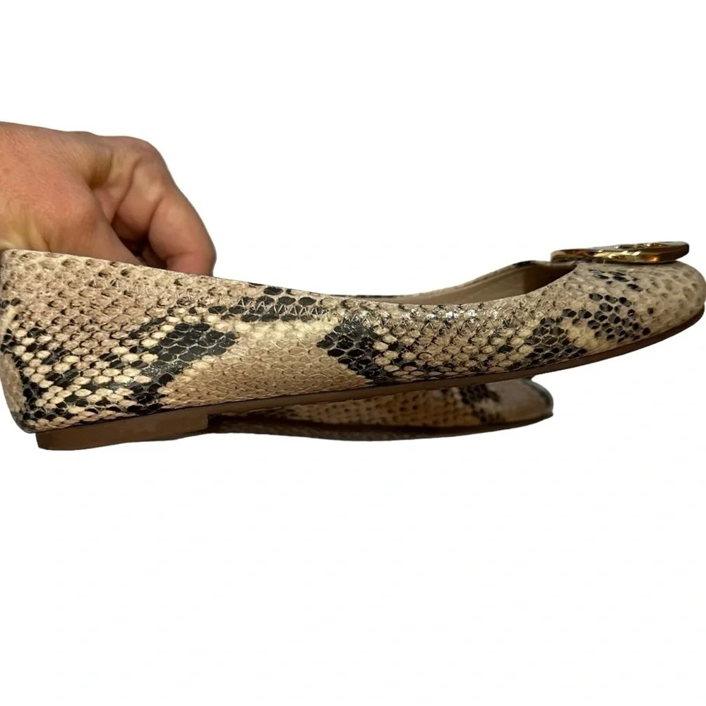 Tory Burch Brown Cream Leather Roccio Python Reva Ballet Flats Goldtone Logo